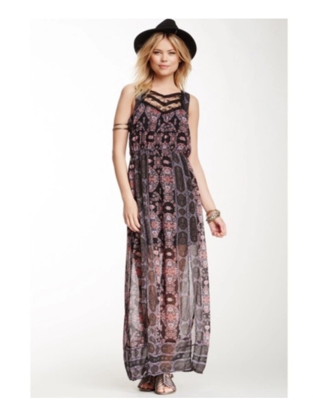 Free People Moroccan Black Maxi Dress with Pink Floral Print and Lace Detail 4